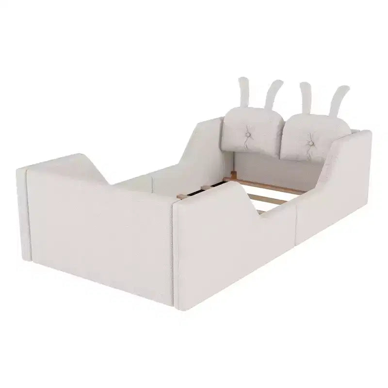 Letto doppio per bambini, blu/grigio/rosa/bianco, imbottito, cuscino a coniglio, sponde laterali rimovibili, 1 bambino