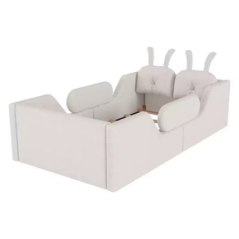 Letto doppio per bambini, blu/grigio/rosa/bianco, imbottito, cuscino a coniglio, sponde laterali rimovibili, 1 bambino