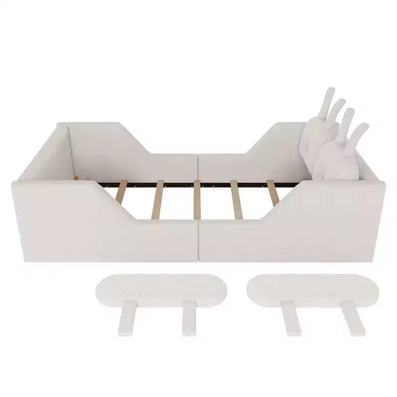 Letto doppio per bambini, blu/grigio/rosa/bianco, imbottito, cuscino a coniglio, sponde laterali rimovibili, 1 bambino