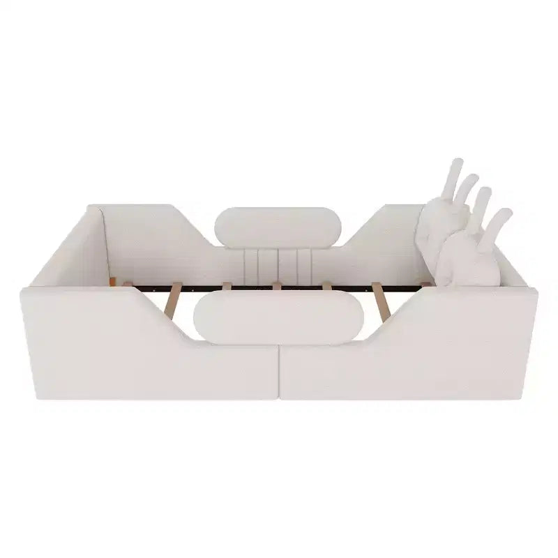 Letto doppio per bambini, blu/grigio/rosa/bianco, imbottito, cuscino a coniglio, sponde laterali rimovibili, 1 bambino