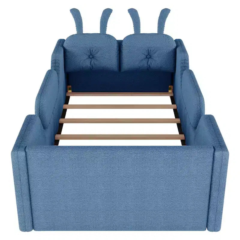 Letto doppio per bambini, blu/grigio/rosa/bianco, imbottito, cuscino a coniglio, sponde laterali rimovibili, 1 bambino