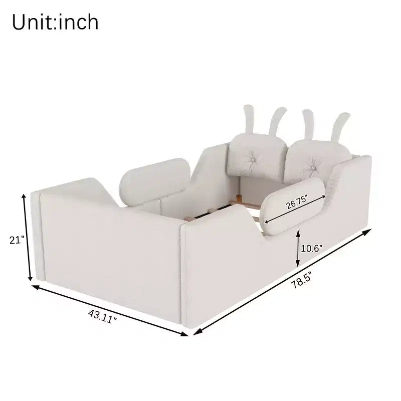 Letto doppio per bambini, blu/grigio/rosa/bianco, imbottito, cuscino a coniglio, sponde laterali rimovibili, 1 bambino