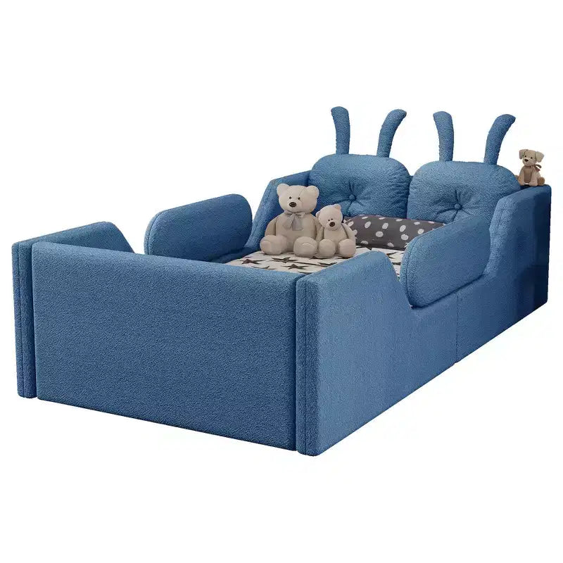 Letto doppio per bambini, blu/grigio/rosa/bianco, imbottito, cuscino a coniglio, sponde laterali rimovibili, 1 bambino