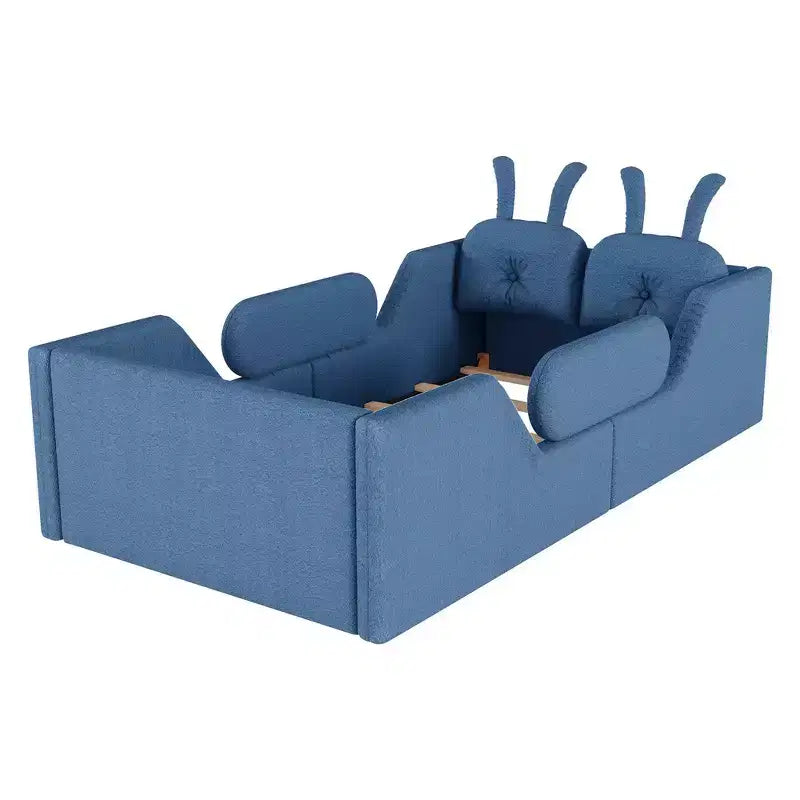 Letto doppio per bambini, blu/grigio/rosa/bianco, imbottito, cuscino a coniglio, sponde laterali rimovibili, 1 bambino