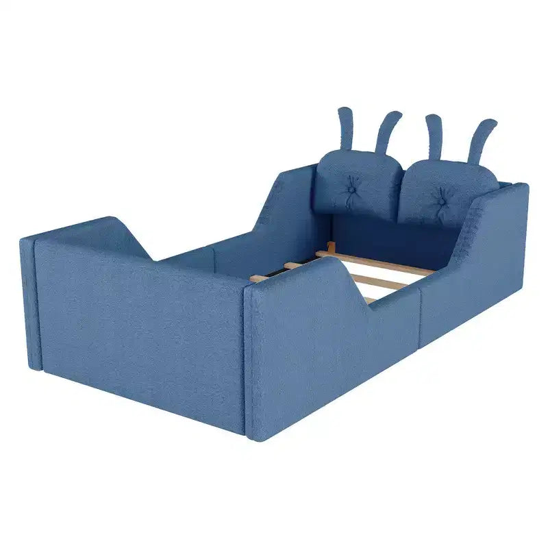 Letto doppio per bambini, blu/grigio/rosa/bianco, imbottito, cuscino a coniglio, sponde laterali rimovibili, 1 bambino