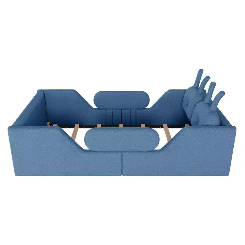 Letto doppio per bambini, blu/grigio/rosa/bianco, imbottito, cuscino a coniglio, sponde laterali rimovibili, 1 bambino