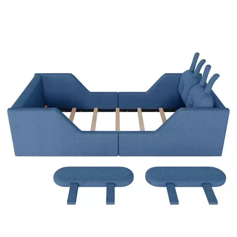 Letto doppio per bambini, blu/grigio/rosa/bianco, imbottito, cuscino a coniglio, sponde laterali rimovibili, 1 bambino