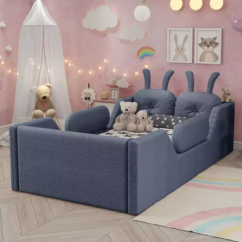 Letto doppio per bambini, blu/grigio/rosa/bianco, imbottito, cuscino a coniglio, sponde laterali rimovibili, 1 bambino