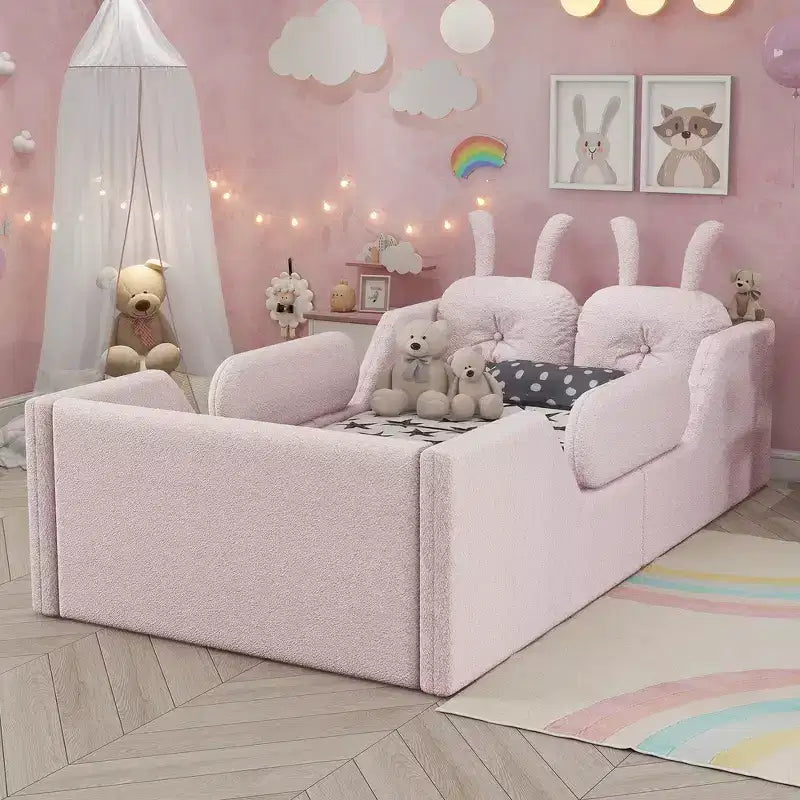 Letto doppio per bambini, blu/grigio/rosa/bianco, imbottito, cuscino a coniglio, sponde laterali rimovibili, 1 bambino