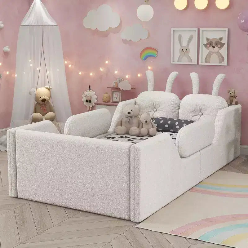 Letto doppio per bambini, blu/grigio/rosa/bianco, imbottito, cuscino a coniglio, sponde laterali rimovibili, 1 bambino