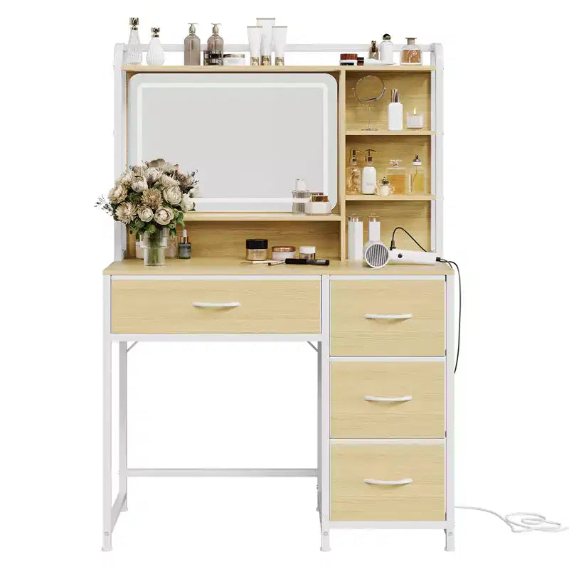 Toeletta da trucco bianca/legno con specchio LED, monoposto, 90 cm