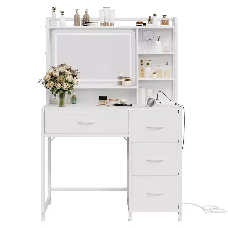 Toeletta da trucco bianca/legno con specchio LED, monoposto, 90 cm