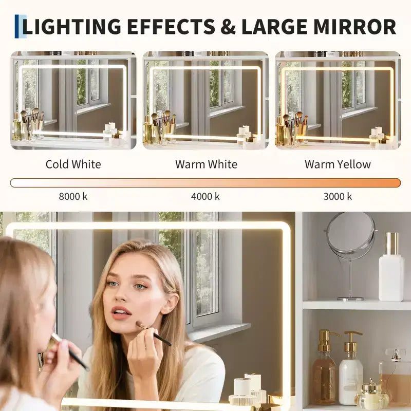 Toeletta da trucco bianca/legno con specchio LED, monoposto, 90 cm