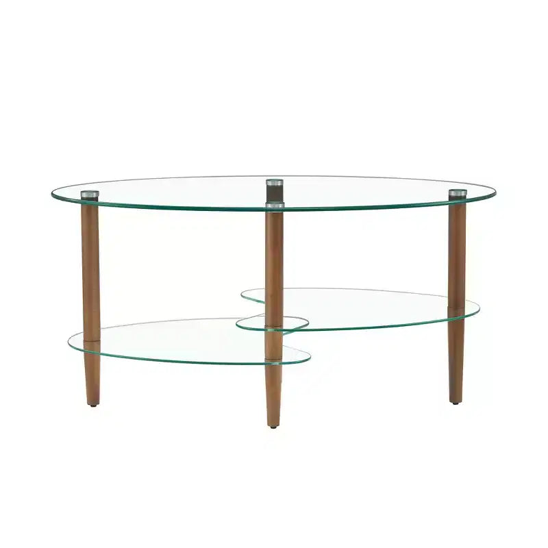 Marrone / Trasparente, Tavolino da caffè ovale in vetro a 3 livelli, Gambe in rovere, 1 Persona