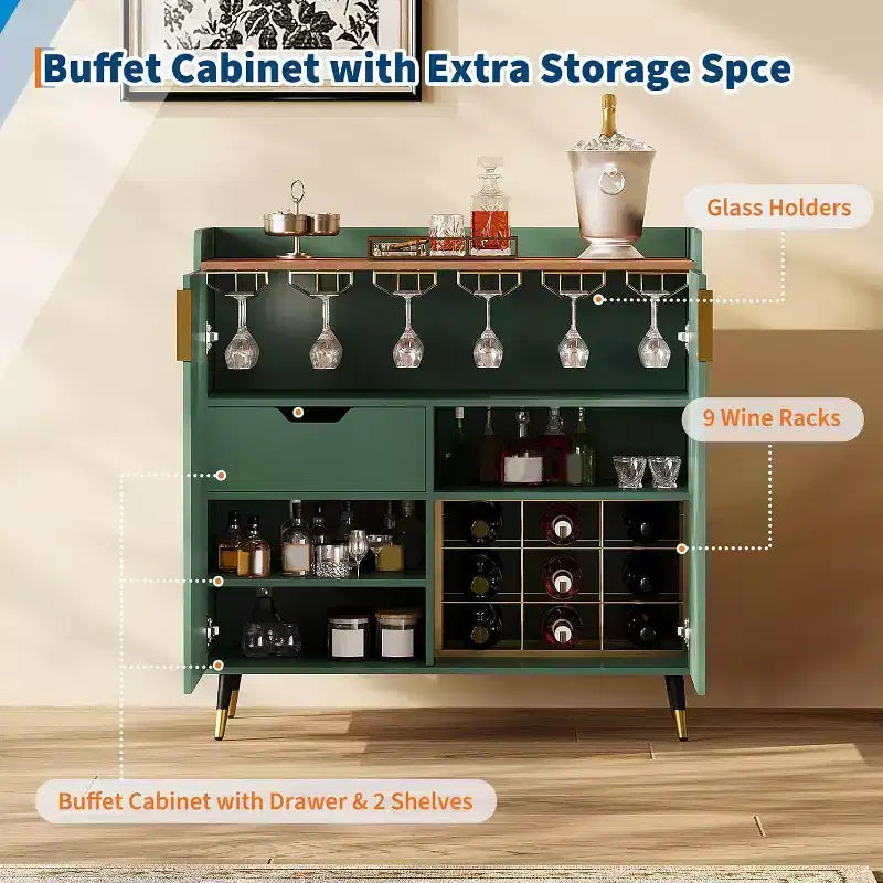 Mobile bar nero/verde scanalato con portabottiglie e cassetti, 1 posto a sedere
