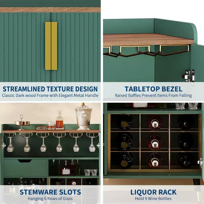 Mobile bar nero/verde scanalato con portabottiglie e cassetti, 1 posto a sedere