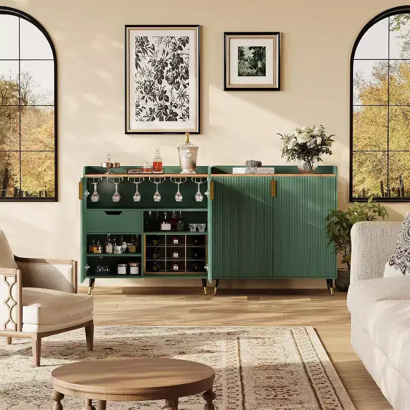 Mobile bar nero/verde scanalato con portabottiglie e cassetti, 1 posto a sedere
