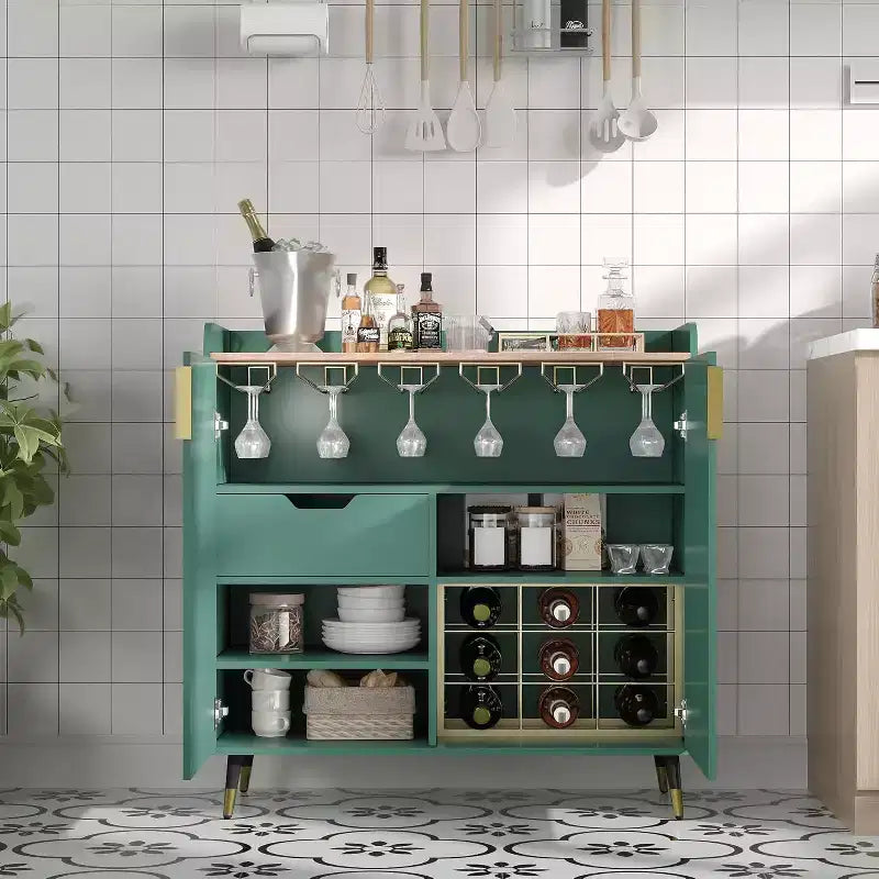 Mobile bar nero/verde scanalato con portabottiglie e cassetti, 1 posto a sedere