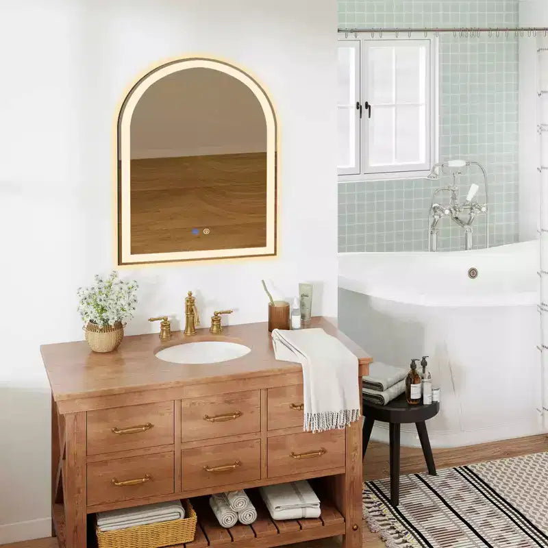 Specchio da bagno a LED ad arco con anti-appannamento e attenuazione a 3 colori, montaggio a parete, 1 persona