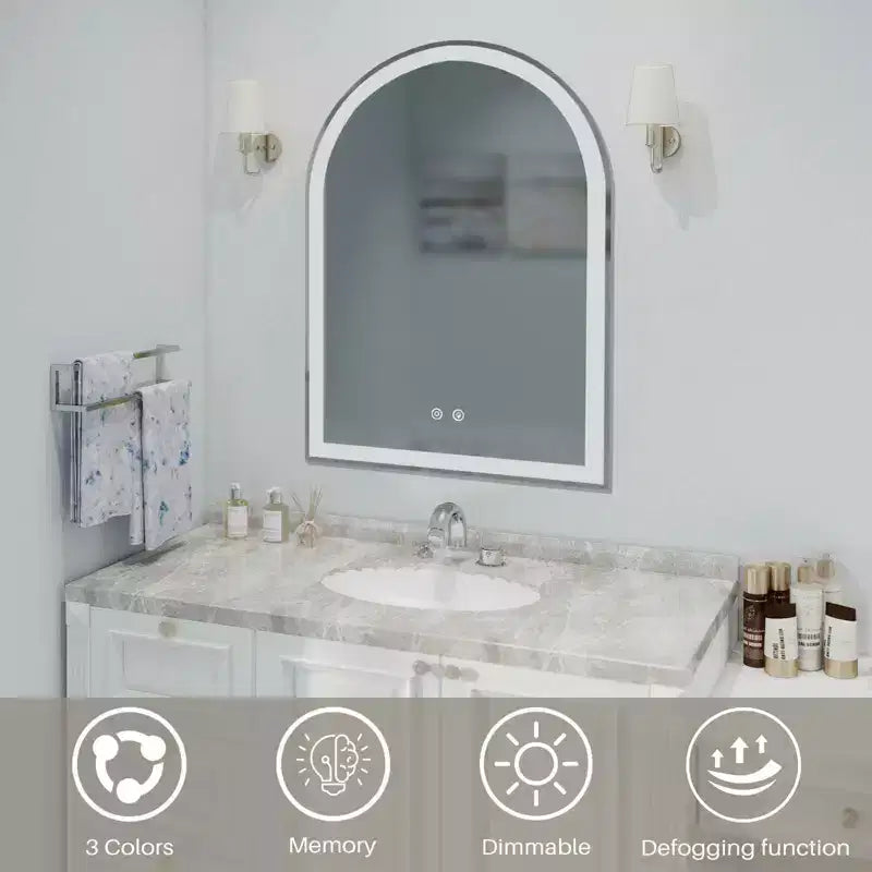 Specchio da bagno a LED ad arco con anti-appannamento e attenuazione a 3 colori, montaggio a parete, 1 persona