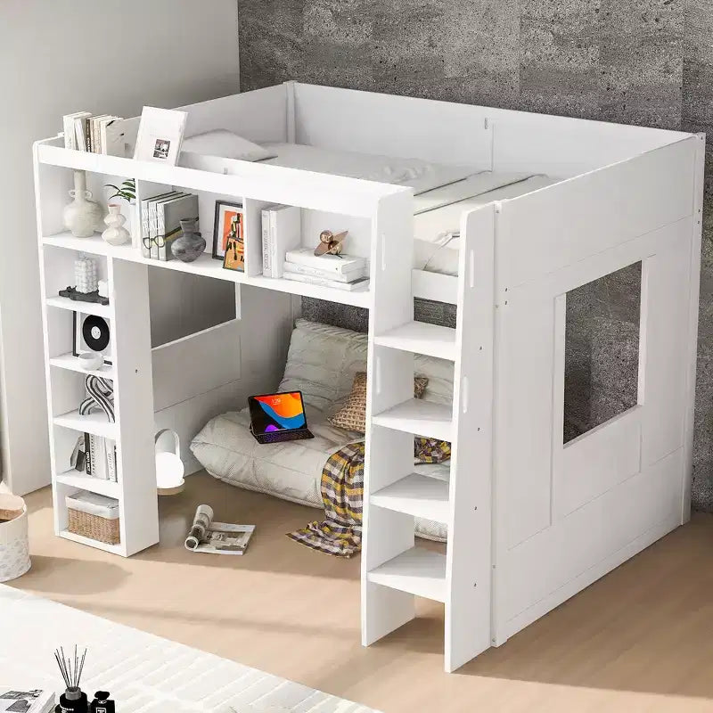 Letto a soppalco in legno Queen Size con contenitore – Marrone / Bianco, 1 persona