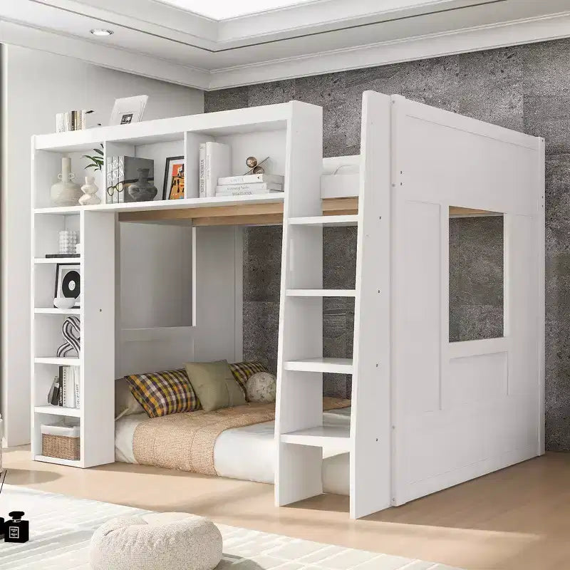 Letto a soppalco in legno Queen Size con contenitore – Marrone / Bianco, 1 persona