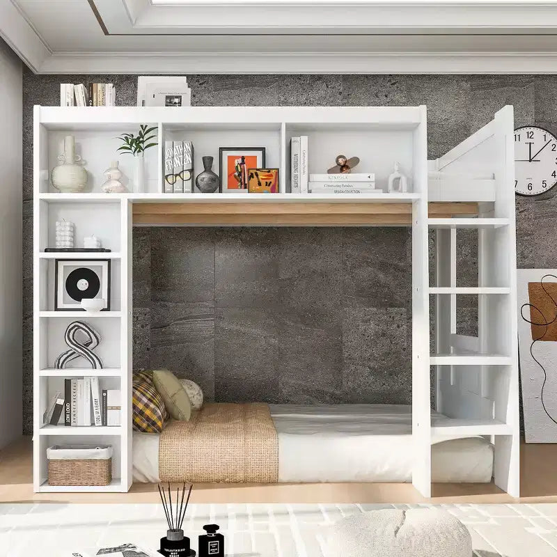 Letto a soppalco in legno Queen Size con contenitore – Marrone / Bianco, 1 persona