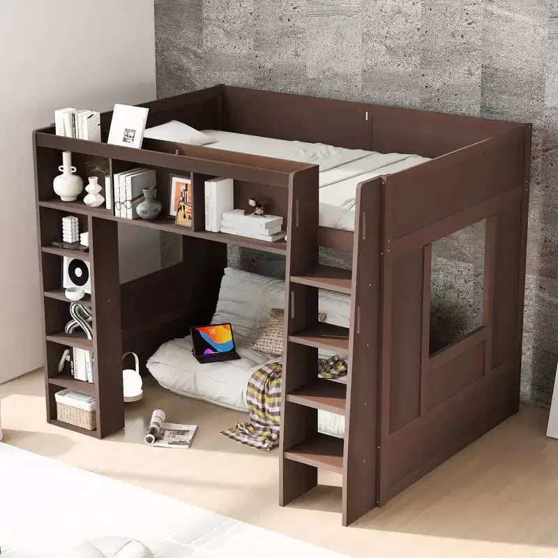 Letto a soppalco in legno Queen Size con contenitore – Marrone / Bianco, 1 persona