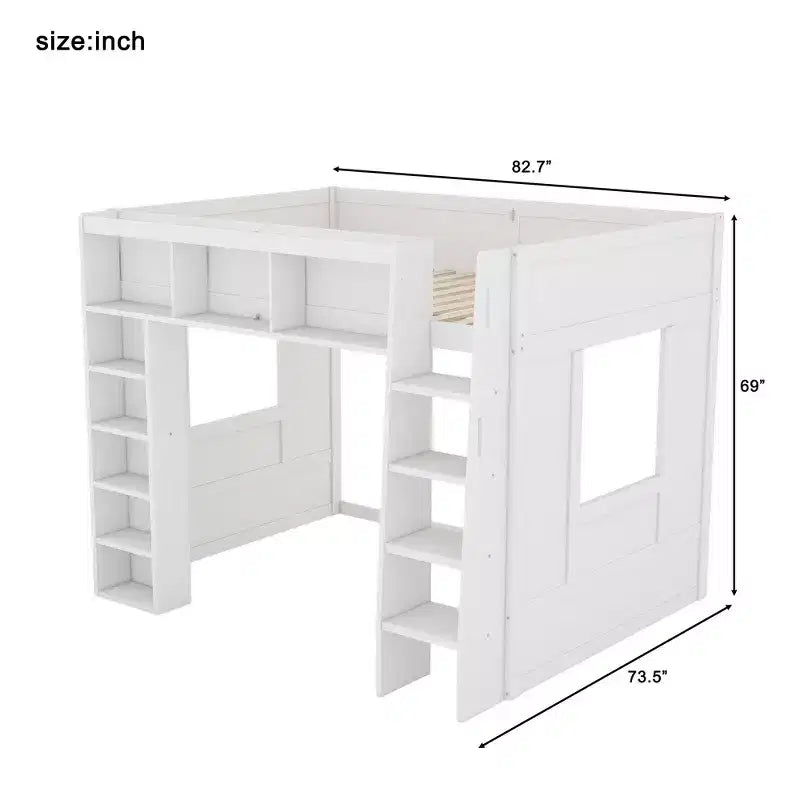 Letto a soppalco in legno Queen Size con contenitore – Marrone / Bianco, 1 persona