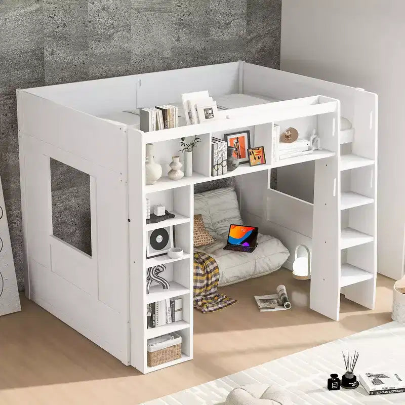 Letto a soppalco in legno Queen Size con contenitore – Marrone / Bianco, 1 persona