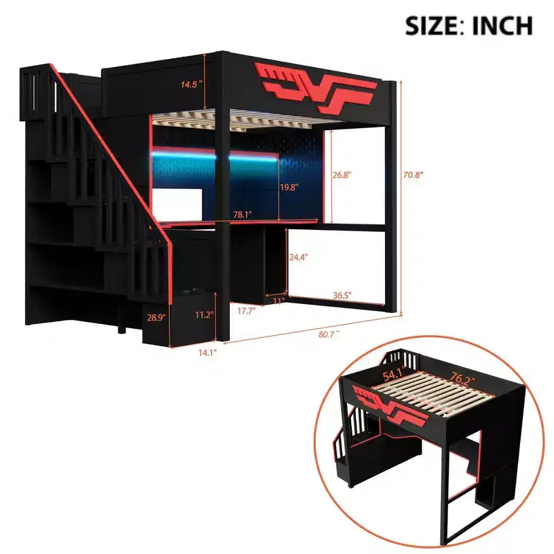 Struttura letto a soppalco da gaming Whisen Full Size con scrivania e scala contenitore - Rosso e Nero