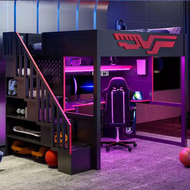 Struttura letto a soppalco da gaming Whisen Full Size con scrivania e scala contenitore - Rosso e Nero