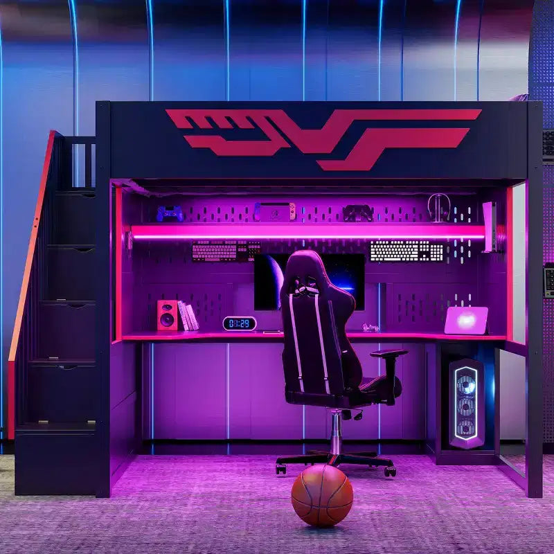 Struttura letto a soppalco da gaming Whisen Full Size con scrivania e scala contenitore - Rosso e Nero