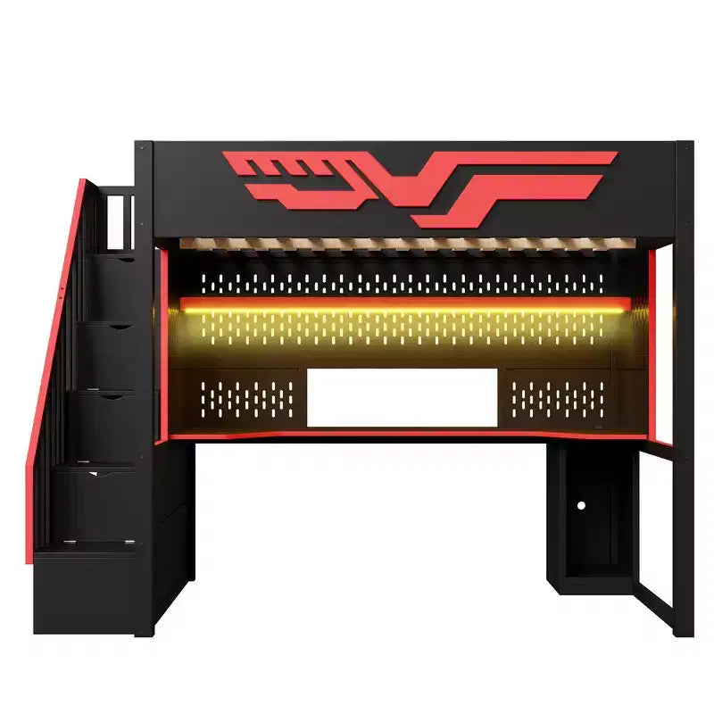 Struttura letto a soppalco da gaming Whisen Full Size con scrivania e scala contenitore - Rosso e Nero
