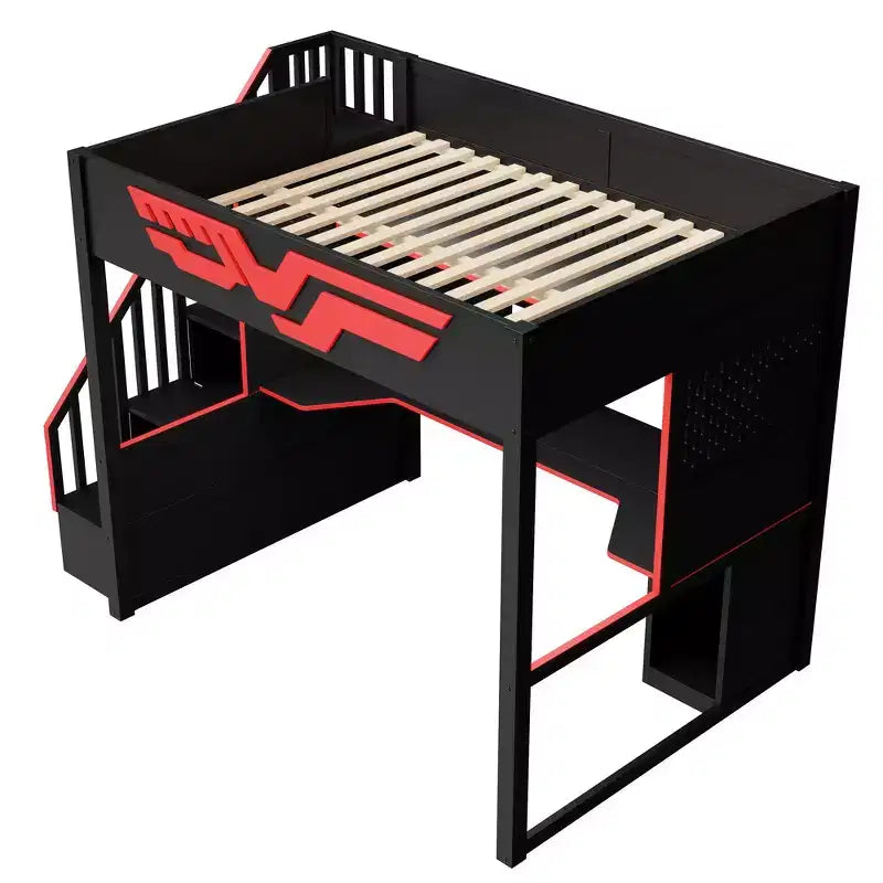 Struttura letto a soppalco da gaming Whisen Full Size con scrivania e scala contenitore - Rosso e Nero