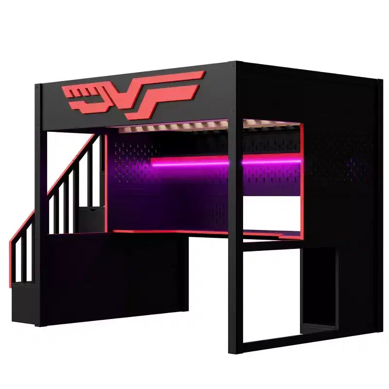 Struttura letto a soppalco da gaming Whisen Full Size con scrivania e scala contenitore - Rosso e Nero