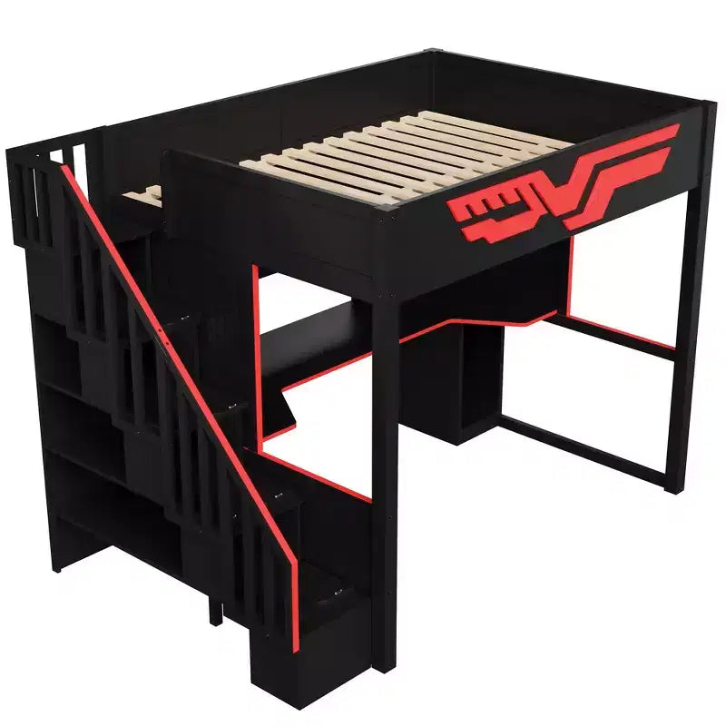 Struttura letto a soppalco da gaming Whisen Full Size con scrivania e scala contenitore - Rosso e Nero