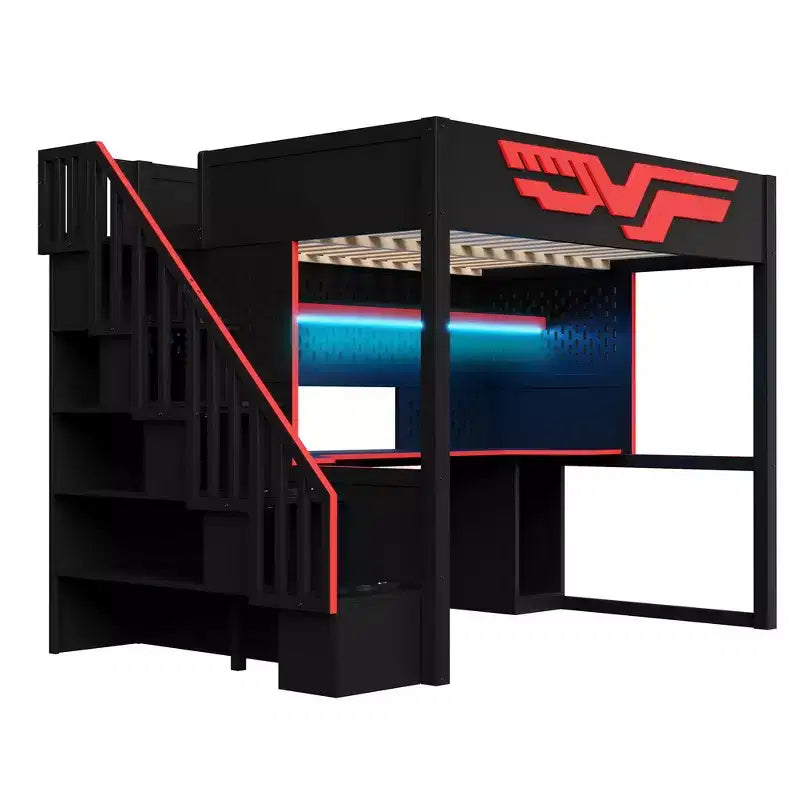 Struttura letto a soppalco da gaming Whisen Full Size con scrivania e scala contenitore - Rosso e Nero
