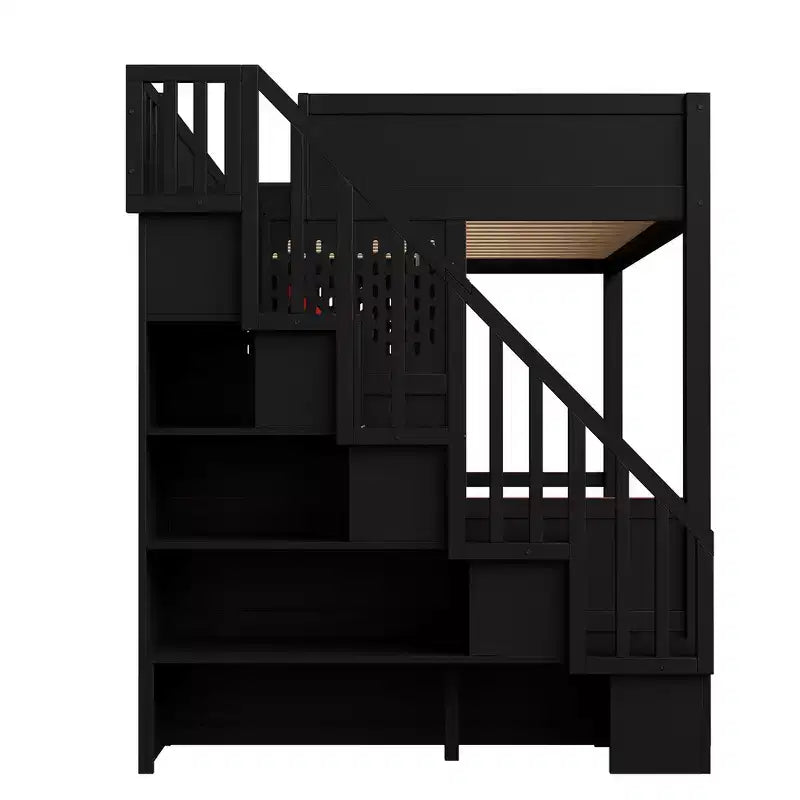 Struttura letto a soppalco da gaming Whisen Full Size con scrivania e scala contenitore - Rosso e Nero