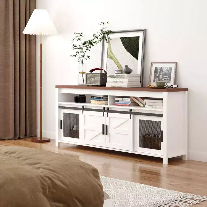 Mobile TV Rustico Bianco – Anta Scorrevole Stile Fienile, Adatto a TV fino a 75"