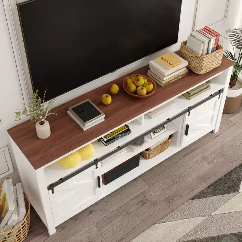 Mobile TV Rustico Bianco – Anta Scorrevole Stile Fienile, Adatto a TV fino a 75"