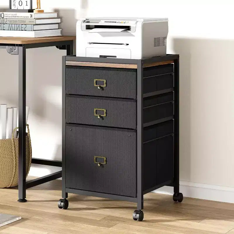 Mobile File Cabinets with Drawers,Fabric File Storage Unit on Wheels ,Compact Under Desk File Cabinet with Smooth Casters for Home Office,Black