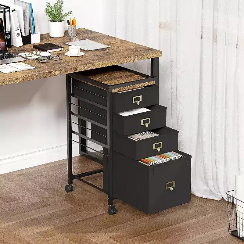 Classificatore mobile in tessuto nero con ruote, 3/4 cassetti, sotto scrivania, 1 persona