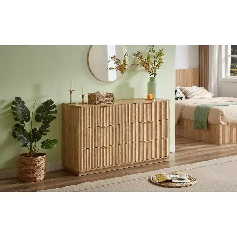 Cassettiera 6 cassetti con curve a onda in noce, larghezza 140 cm, 1 persona