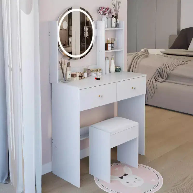 Toeletta in MDF bianca con specchio rotondo e sgabello, 1 persona