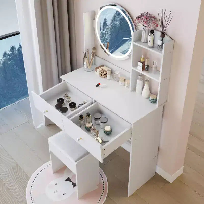 Toeletta in MDF bianca con specchio rotondo e sgabello, 1 persona