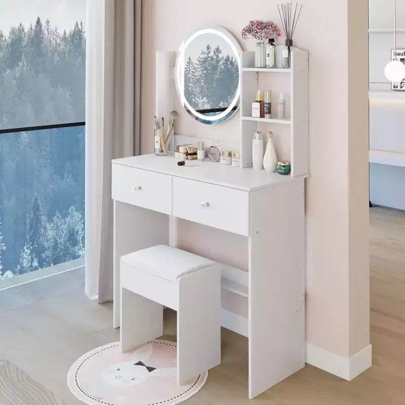 Toeletta in MDF bianca con specchio rotondo e sgabello, 1 persona