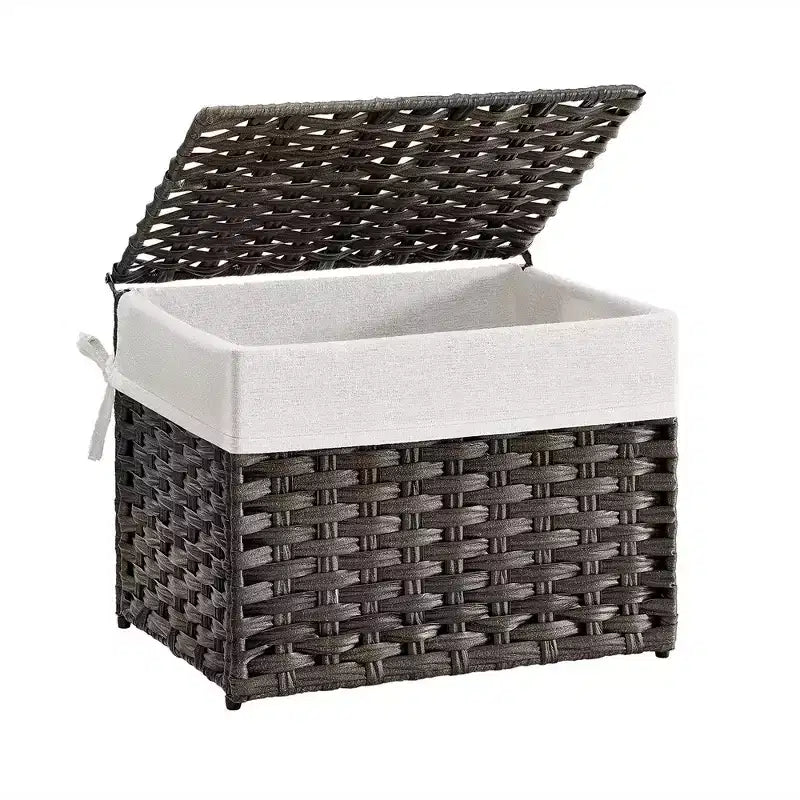 SONGMICS Storage Basket with Lid,Woven Blanket Storage Bin with Handles,Foldable,Removable Liner,Metal Frame,9.2 Gallons (35 L)