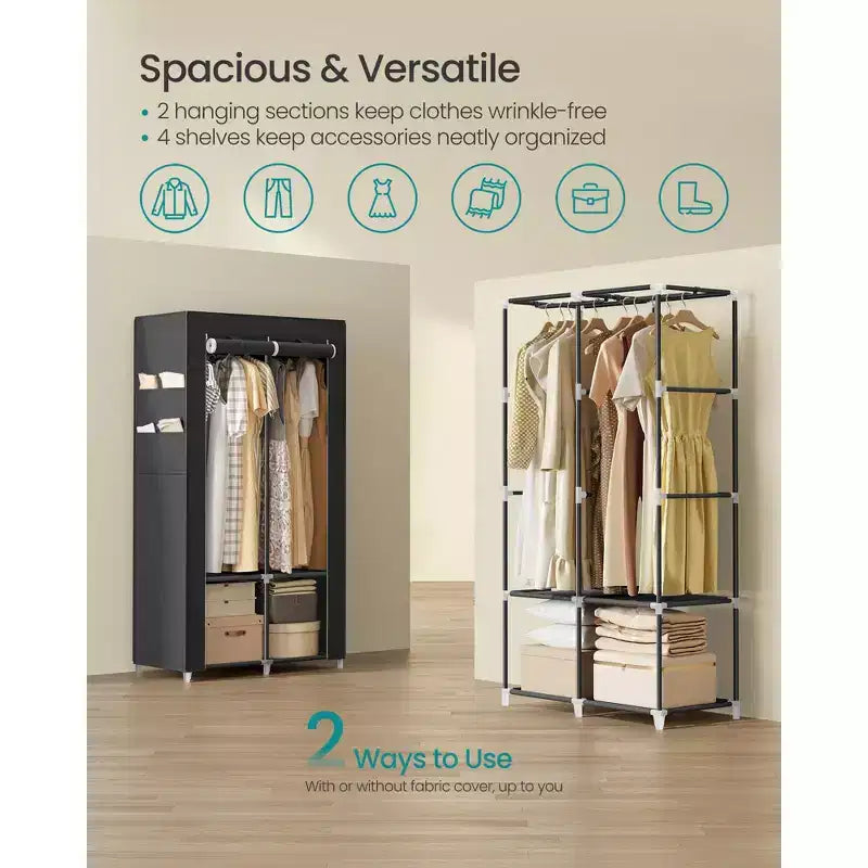 Armadio Portatile con Copertura, 2 Aste Appendiabiti e Ripiani, 4 Tasche Laterali, Nero Inchiostro, per 1 Persona