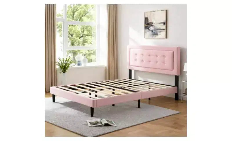 Struttura letto imbottita queen-size grigia/rosa, per 1 persona, con doghe in legno